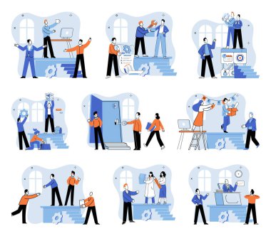 Başarılı bir iş. Vektör çizimi. Verimli yönetim stratejik hedeflerin gerçekleştirilmesini sağlar İşbirliği ve işbirliği yenilik, büyüme ve başarı projeleri gelişir