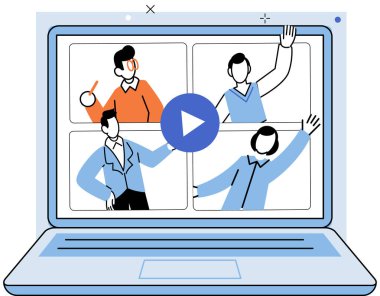 Konferans grubu toplantısı. Vektör çizimi. Karakter illüstrasyonları dizaynlara Humtouch ekliyor. Çevrimiçi toplantılar dijital çağda giderek daha popüler hale geliyor. Konuşma ve fikir paylaşımı hayati önem taşıyor.