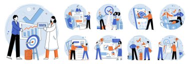 İş anlaşması. Vektör çizimi. Ekonomik büyümenin itici güçlerinde önemli rol oynayan iş adamları, ticarette her iki taraf için de faydalı sonuçlar elde etmek için anlaşmalar yapılmaktadır.