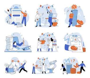 İş kaosu. Vektör çizimi. Sorunlar ortaya çıkar, strese neden olur ve kargaşa yaratır. Son teslim tarihleri kafa karışıklığına ve stres seviyelerinin artmasına yol açar.