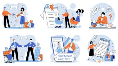 Bakım parası. Vektör çizimi. Engelli yardımları engelli bireylere maddi destek sağlamaktadır. Mali planlama, uzun vadeli ekonomik istikrar sermaye yatırımı için şarttır.