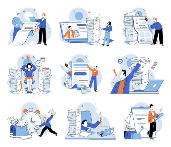 Paperwork Vector Illustration Managing Multiple Tasks Simultaneously Including Paperwork Necessary — Stock Vector