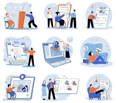 Sosyal sigorta. Vektör çizimi. Finansal okur yazarlık, kişisel finansmanı anlamak ve yönetmek için gereklidir. Sosyal sigorta metaforu, karşılıklı mali ve sosyal bağlılık vurgusunu vurgular.