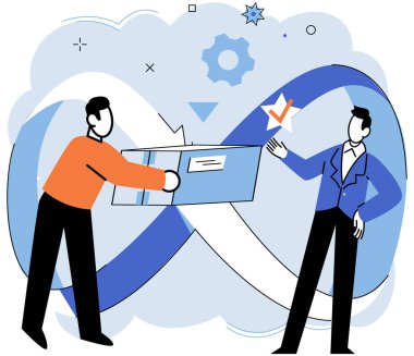 Üründen servis modeline. Vektör çizimi. Geliştirme çabaları yenilikçi ve yüksek kaliteli ürünler yaratmaya odaklanmıştır. Şirketler, müşteri beklentilerini karşılamaya veya aşmaya çalışmaktadır.