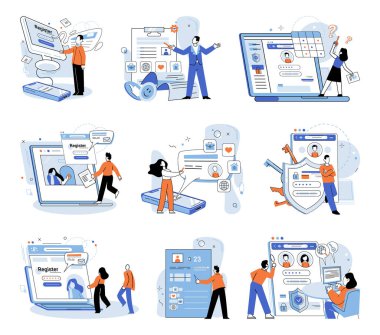 Kullanıcı yetkisi. Vektör çizimi. Kullanıcıları çevrimiçi tehditlerden korumak için güvenlik kullanıcı verilerinin korunması için gizlilik koruması çok önemlidir.