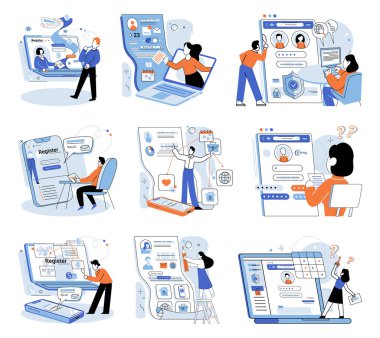 Kişisel profil. Vektör çizimi. Teknolojik gelişmeler, kişisel profil geliştirme olanaklarını genişletti. Kullanıcı dostu arayüzler, yaratımı ve kişiselleştirmeyi basitleştirdi.