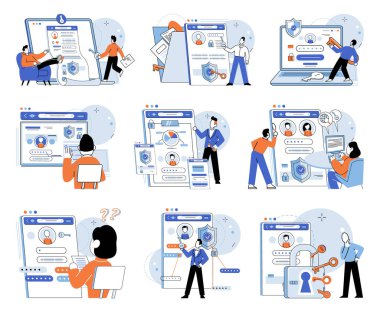 Kullanıcı yetkisi. Vektör çizimi. Bilgi teknolojisindeki teknolojik gelişmeler kullanıcı güvenliği internet bağlantılarını geliştirerek iletişim sırasında kullanıcı verilerini korumak için güvenli olmalıdır