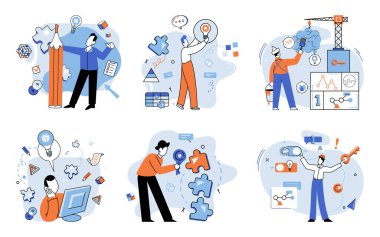 Başlangıç fikri. Vektör çizimi. Hayal gücü ve icatlarla beslenen yaratılış fikirleri... Girişimciler, başkalarının soyut kavramları görmezden gelebileceği ve somut kavramlara dönüştürebileceği olasılıkları öngörüyor.