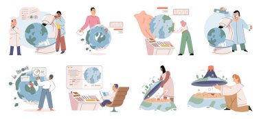 Laboratuvar testi. Vektör çizimi. Araştırmacılar bilimsel bilgiyi genişletmek için yeni teoriler ve kavramlar keşfediyor. Farklı değişkenleri araştırmak bilim adamlarının etkilerini anlamalarına yardımcı oluyor.