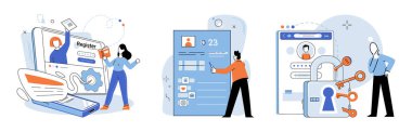 Kimlik doğrulama. Vektör çizimi. Kullanıcı arayüzü, kullanılabilirliği tehlikeye atmadan güvenliği öncelik haline getirmelidir. Kullanıcılar hesap yetkilendirmelerine erişmek için kimlik doğrulaması yapmalıdır.