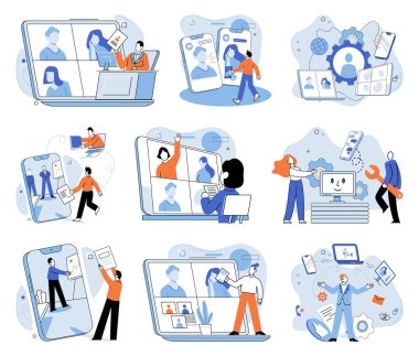 Çevrimiçi toplantı. Vektör çizimi. Çevrimiçi toplantılar küresel iletişim ve işbirliği için bir norm haline geldi. Sosyal medya ve internet bilgi paylaşım ve bağlanma yolumuzda devrim yarattı.