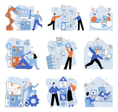 Bilgisayar laboratuvarı. Vektör çizimi. Kontrol sistemleri çeşitli endüstrilerde verimli ve hassas yönetim süreçlerini sağlar. Bilgisayar laboratuarı metaforu mühendislikte yaratıcılık ve keşiflere ilham verir.