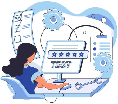 Uygulama testi metaforu. Vektör çizimi. Yazılım testi, hata uygulama testini ortadan kaldıran kod koruyucu, yazılım kullanıcılarıyla tanışmadan önce gerekli ritüel, gerekli.