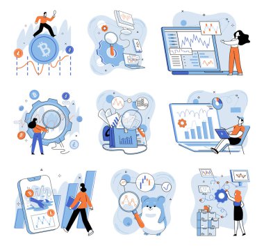 Kripto yatırımı. Vektör çizimi. Kripto pazarındaki kar fırsatları fiyat dalgalanmaları ve piyasa eğilimleriyle tetiklenir. Kriptoda sağlam yatırım stratejisi geliştirmek hayati önem taşır.