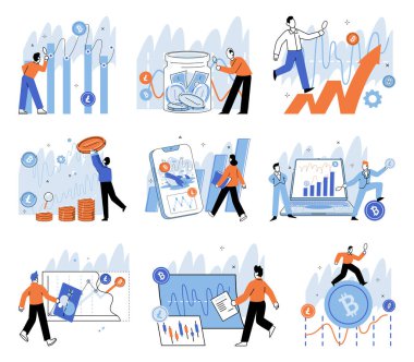 Kripto pazarı. Vektör çizimi. Kripto piyasasında para dengesizliği yatırımcılar için hem riskler hem de fırsatlar sunar Etkili pazarlama stratejileri evlat edinme kriptosu sürüşünde önemli rol oynar