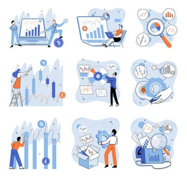 Kripto pazarı. Vektör çizimi. Kripto para birimleri dijital varlıklardır. Güvenli işlemler için kriptografik teknoloji kullanın. Kripto endüstrisindeki iş girişimleri derin bir anlayış gerektirir.