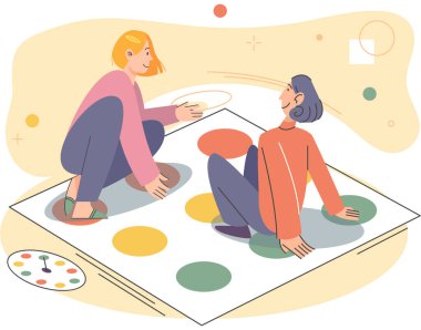 Birlikte oynayın. Aile eğlencesi. Arkadaşlık zamanı. Vektör çizimi. Sevdiklerinizle oyun oynamak aidiyet ve birlik duygusunu arttırır. Birlikte oyunlar oynayan insanlar paylaşılan anları deneyimlerler.