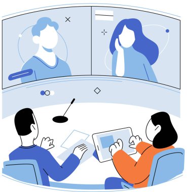 Konferans grubu toplantısı. Vektör çizimi. Konferans grubu buluşması metaforu, bireyleri bir araya toplamada işbirliğini temsil etmektedir.