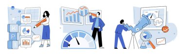 Performans göstergesi. Vektör çizimi. Performans göstergesi kavramı, veri odaklı karar verme raporlarının performans ve ilerleme hakkında ayrıntılı bilgi sağladığını vurgular.