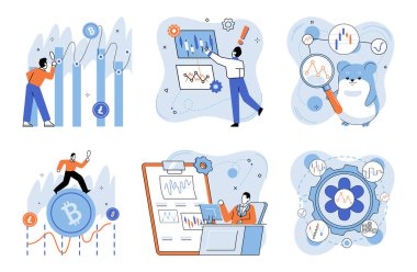 Kripto pazarı. Vektör çizimi. Para birimi dalgalanmaları, kripto para birimlerini desteklemek ve para birimlerini çekmek için etkili pazarlama stratejileri büyük ölçüde karlılık kripto yatırımlarını etkiler.