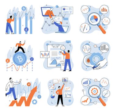 Kripto pazarı. Vektör çizimi. Finans sektörü ödeme sistemlerini geliştirmek için engelleme teknolojisini kullanıyor. Kripto piyasasında başarı stratejik karar verme yoluyla elde ediliyor.