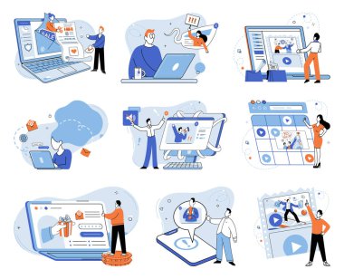 Çevrimiçi reklam vektörü illüstrasyonu. Ekonomik faktörler, çevrimiçi reklam kampanyalarının etkinliğini ve yatırımların etkin yönetim online reklam kampanyalarına dönüşünü etkiler.