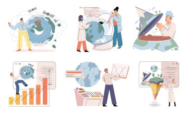 Bilimsel deney. Vektör çizimi. İnceleme bilimsel verileri ve sonuçları araştırmacıların anlamlı sonuçlar çıkarmalarına yardımcı olur. Eğitim gelecekteki bilim insanlarının gelişmesinde önemli rol oynar.