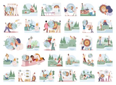 Doğa bilimi. Vektör çizimi. Güzellik doğası bilimsel araştırmalara ve keşiflere ilham verir. Bilim, Dünya 'nın yapısını ve karmaşık sistemlerini anlamamıza yardımcı olur. Çevre bize bunu sağlar.