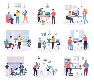 Ofis boş zamanı vektör çizimi. Çalışanlar boş zamanlarının çoğunu dinlenerek ve yeniden şarj olarak geçirmeli. Ofiste boş zaman bulma fırsatları sağlıklı iş hayatı dengesini teşvik eder. Şirket değerleri