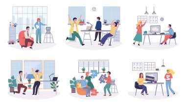 Ofis vektör illüstrasyonu oynuyor. Ofis, çalışanların işyerlerinde eğlenebilmeleri için hem iş hem de eğlence yeri olarak kullanılabilir. İşyerinde oynamak, çalışanların memnuniyetini arttırır ve teşvik eder.