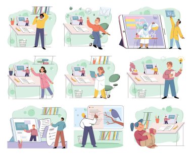 Akıllı telefonu olan çocuklar. Vektör çizimi. İlkokul çocukları akıllı telefonlar kullanıyor ve onları günlük yaşamlarına entegre ediyor. Akıllı telefon kavramına sahip çocuklar