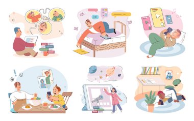 Tabletli çocuk. Vektör çizimi. Tabletler gibi kullanım teknolojisi çocuklar arasında yaygın hale gelmiştir. Çevrimiçi öğrenim öğrencilerin eğitim kaynaklarına erişimi için yaygın bir yöntem haline gelmiştir.