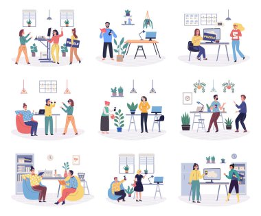 Ofis vektör illüstrasyonu oynuyor. İş yeri sadece iş yeri değil, aynı zamanda eğlence ve keyif platformu da olabilir. Ofisteki eğlenceli eylemler ve faaliyetler yaratıcılığı artırıp teşvik edebilir.