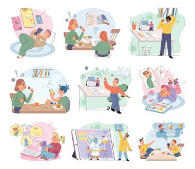 Akıllı telefonu olan çocuklar. Vektör çizimi. Telefon akıllı telefona evrimleşti, cep telefonları da dahil olmak üzere iletişim ve bilgi erişimi için güçlü bir cihaz cep telefonlarına sahip.