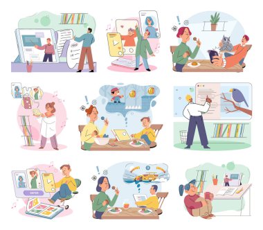 Tabletli çocuk. Vektör çizimi. İnternet, eğitim için aletler kullanan çocukların öğrenmeleri ve keşfetmeleri için çok geniş bir depolama alanı sağlıyor. Teknolojiden anlayan karakterler geliştiriyorlar.