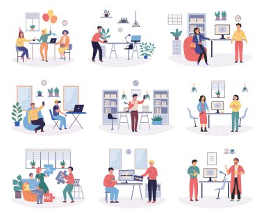 Ofis vektör illüstrasyonu oynuyor. Ofisteki oyuncu eylemler ve aktiviteler yaratıcılığı artırır ve yenilikçi düşünmeyi teşvik eder. İş yerinde maskaralık yapmak stresi azaltmak ve teşvik etmek için bir yol olabilir.