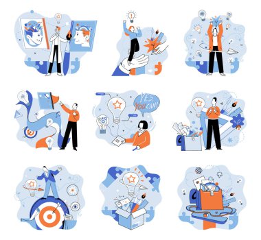 Yaratıcı fikir vektör çizimi. İş dünyasının özgünlüğü ve yaratıcılığı şirketlerin dikkat çekmesini ve müşteri çekmesini sağlar. Stratejik planlama yaratıcı bir zihniyet ve dışarıdan düşünme becerisi gerektirir.