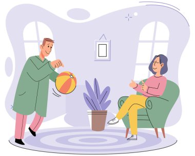 Birlikte oynayın. Aile eğlencesi. Arkadaşlık zamanı. Vektör çizimi. Sevdiklerinizle oyun oynamak sıcak ve misafirperver bir ortam yaratır. Tahta oyunları, güçlü ve kalıcı bir yapı inşa etmek için katalizör görevi görür.