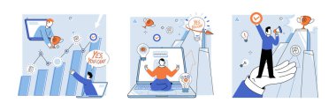 Motivasyon vektörü çizimi. Kişisel hedeflere ulaşmak, büyük mantık ve başarılar getirir. Kararlı adımlar atmak zorlukların üstesinden gelmek ve başarıya ulaşmak için çok önemlidir.