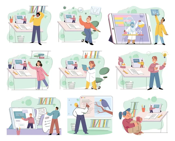 Akıllı telefonu olan çocuklar. Vektör çizimi. İlkokul çocukları akıllı telefonlar kullanıyor ve onları günlük yaşamlarına entegre ediyor. Akıllı telefon kavramına sahip çocuklar