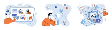 Metaverse vektör çizimi. Metaforik olarak evren, sanal ve fiziksel yakınlaşmayı temsil eder. Artırılmış gerçeklik, dijital elementleri üst üste koyarak algılama dünyamızı geliştirir.