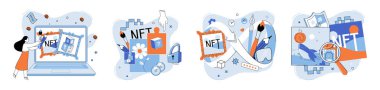 NFT vektör illüstrasyonu. Finansal olmayan NFT konsepti dijital mülkiyeti algılama biçimimizde devrim yarattı. Bitcoin önemli bir kripto para birimi, dijital parayı yeniden şekillendirdi.