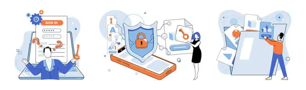 データベースセキュリティベクターイラスト 技術の専門家は 堅牢なデータベースセキュリティ対策を実装する上で重要であり データベース保護はプライバシーと完全性を維持するために不可欠です — ストックベクタ