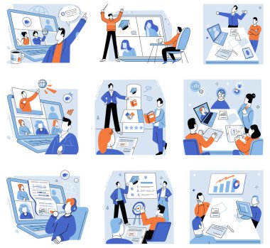 İş eğitimi vektör çizimi. İş eğitimi kavramı, bugünün dinamik iş ortamında sürekli öğrenme ve uyum sağlama önemini kabul eder ve deneyimli birinden tavsiye ister.