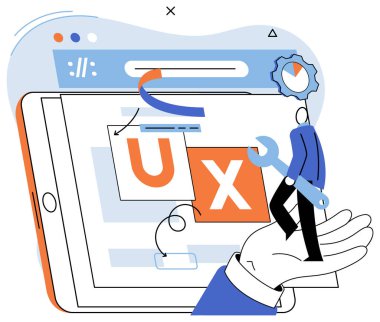 Kullanıcı deneyimi tasarımı. Vektör çizimi. Kullanıcı arayüzü, herhangi bir yazılım uygulaması UX UI dizaynında ilk izlenim oluşturucu, yazılım deneyimlerini birleştirmek için çerçeve Kullanıcı deneyimi