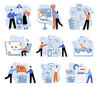 Teknik destek. Vektör çizimi. Çevrimiçi platformlar, dünya çapında teknik uzmanlara bilgi ve bağlantılar sunar. Teknik bir asistan, karmaşık seyrüsefer için değerli bir kaynaktır.