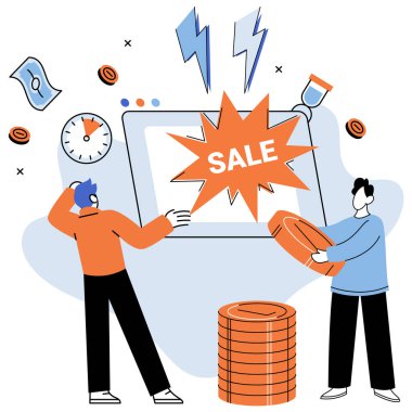 İndirim indirimi. Vektör çizimi. Geleceğin satışları, kehanetin iş olasılıklarını ortaya çıkarması İnternet üzerinden Flash satışı, sakin online piyasada şimşek çakması satış endeksi, skorborda