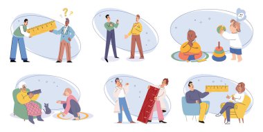 Sosyal ilişki vektör illüstrasyonu. Meslektaşlar, iş yerinde birbirlerine destek olur ve birbirlerine ilham verirler. Etkili iletişim, aile ve arkadaşlardan sağIıklı ilişkiler için hayati önem taşır.