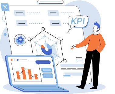 KPI anahtar performans göstergesi. Vektör çizimi. Mali ölçümler, iş sağlığı yönetiminin genellikle performans göstergelerinin optimizasyonuna odaklanmasını sağlar.