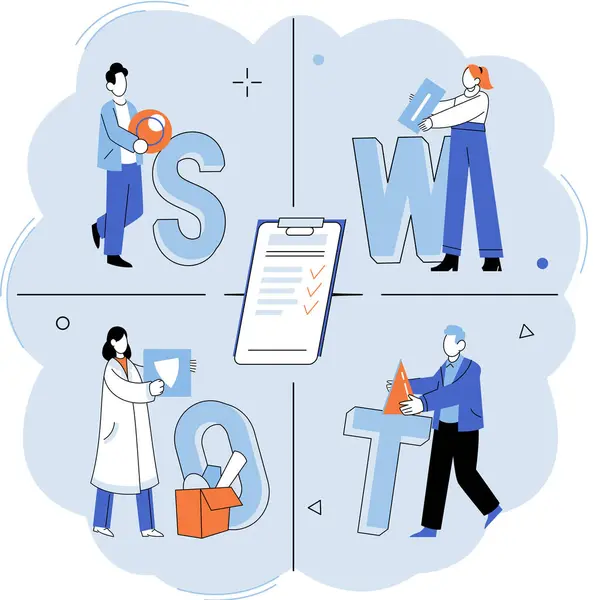Swot Analysis Vector Illustration Planning Involves Setting Goals Defining Actions — Stock Vector